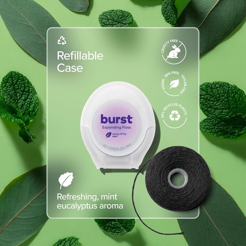 BURST Expanding Dental Floss - Mint Eucalyptus | 240 Yards of Stain-Absorbing, Vegan Floss with Xylitol