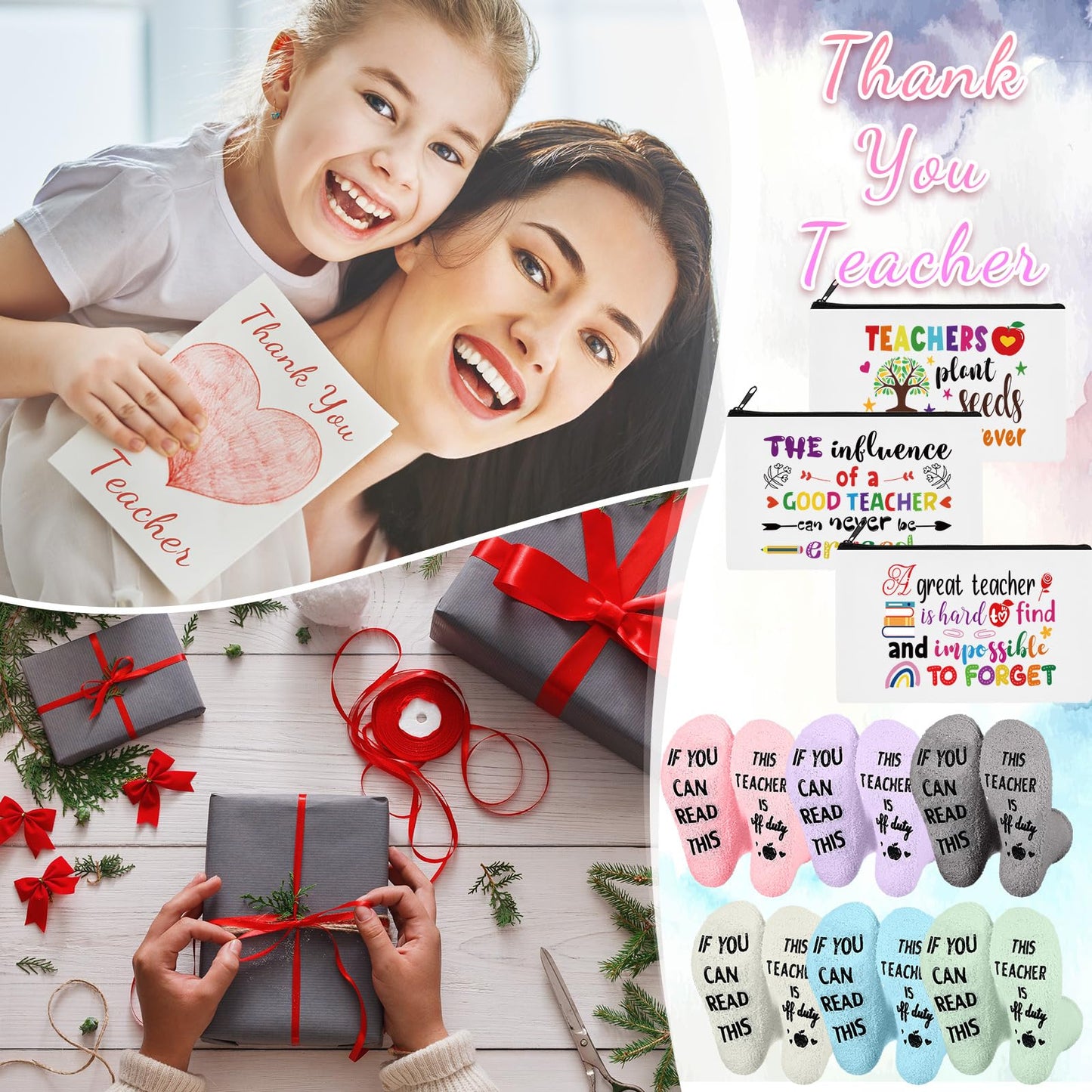 Paterr 24 Pcs End of Year Teacher Gifts Bulk for Women Thank You Gifts Including Socks Makeup Bags Keychain Metal Bookmark for Graduation(Good Teacher,Fleece)