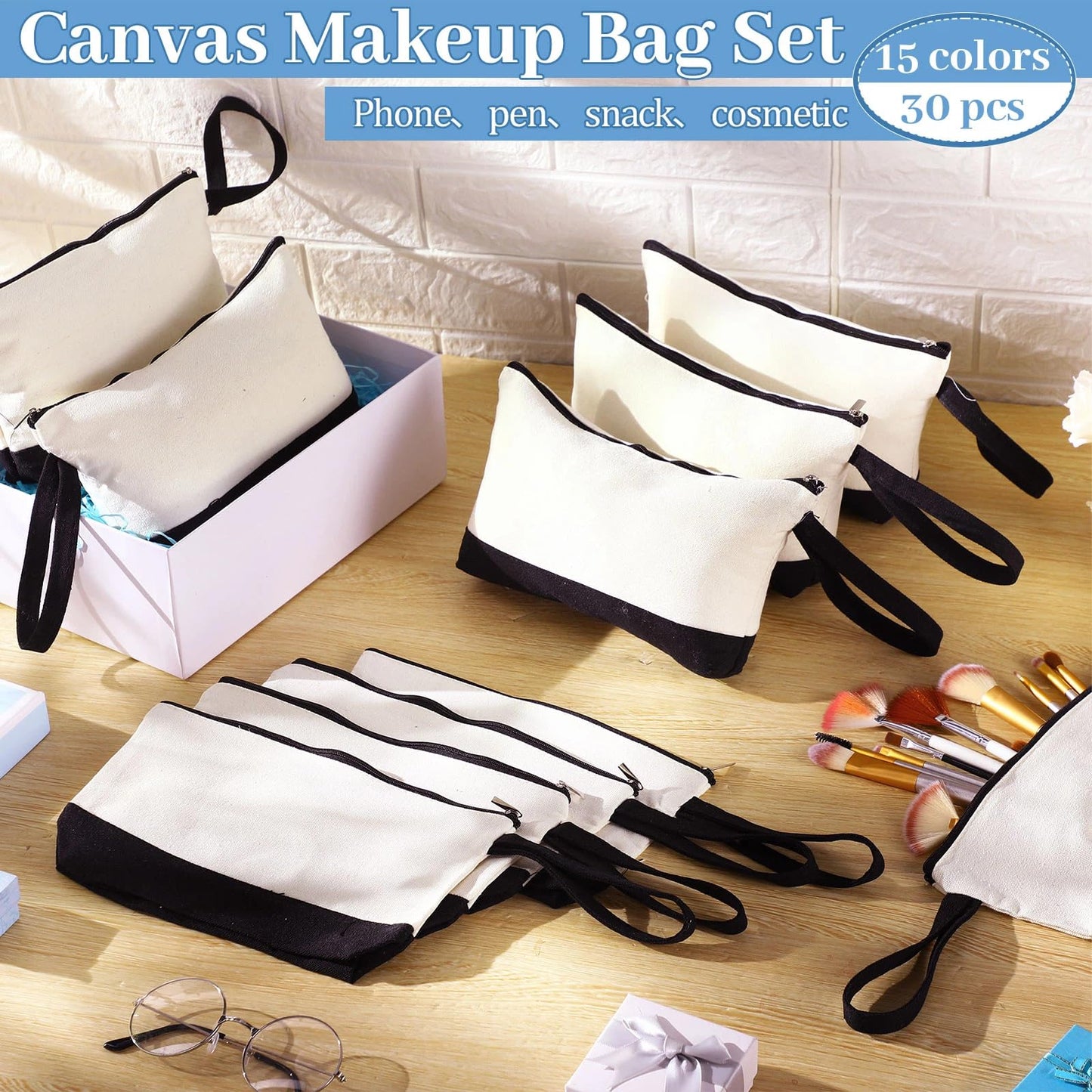 Silkfly 30 Pcs Cotton Canvas Makeup Bags Canvas Cosmetic Zipper Bags 10.2 x 5.5 x 2'' Blank DIY Pouch Bulk with Bottom Pencil Case Travel Toiletry Pouch for Women Gift (Black,Beige)