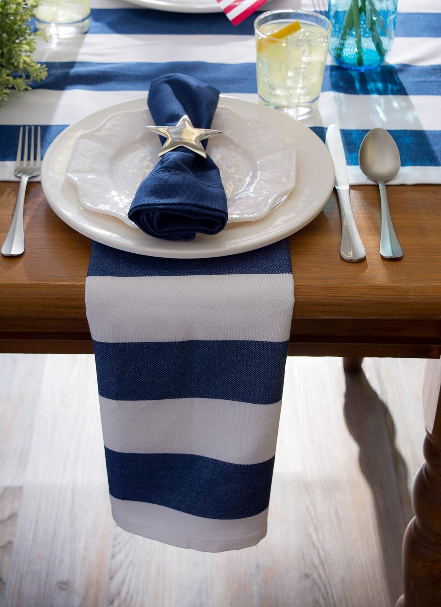 DII Cabana Stripe Outdoor Tabletop Collection, Water Resistant, 14 x 72 (Runner), Nautical Blue