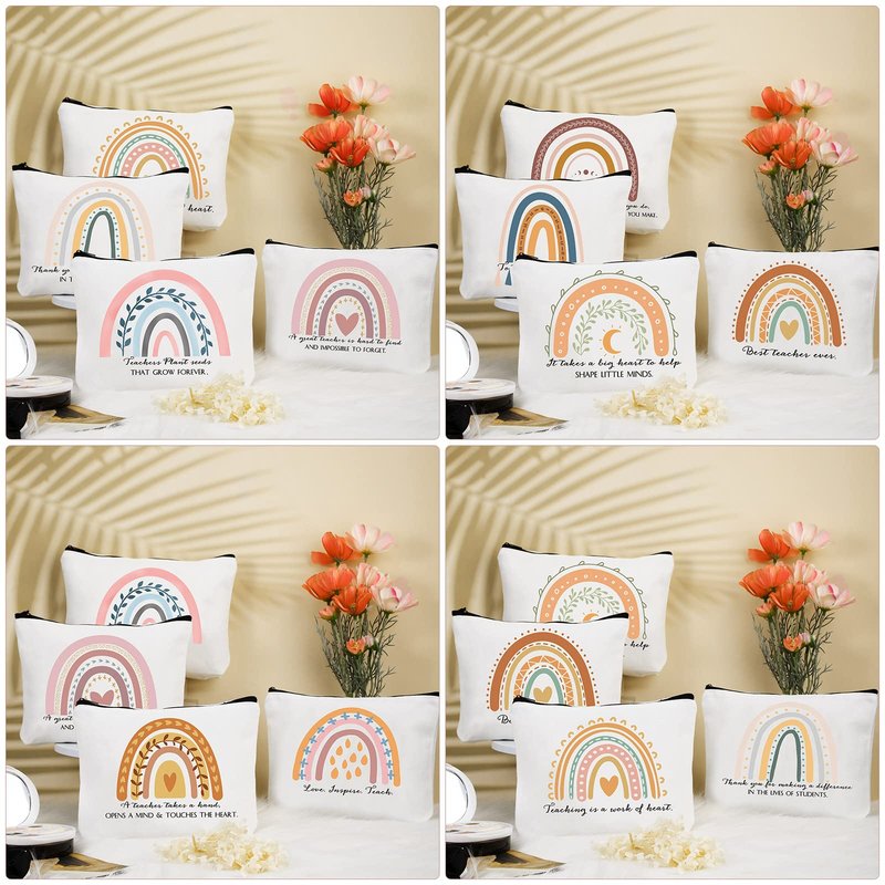 Coume 30 Pcs Teacher Appreciation Gifts Bulk for Women Inspirational Rainbow Canvas Makeup Bags Thank You Cosmetic Bags for End of Year Teacher Employee Coworker Gifts, 10 Styles(Elegant)
