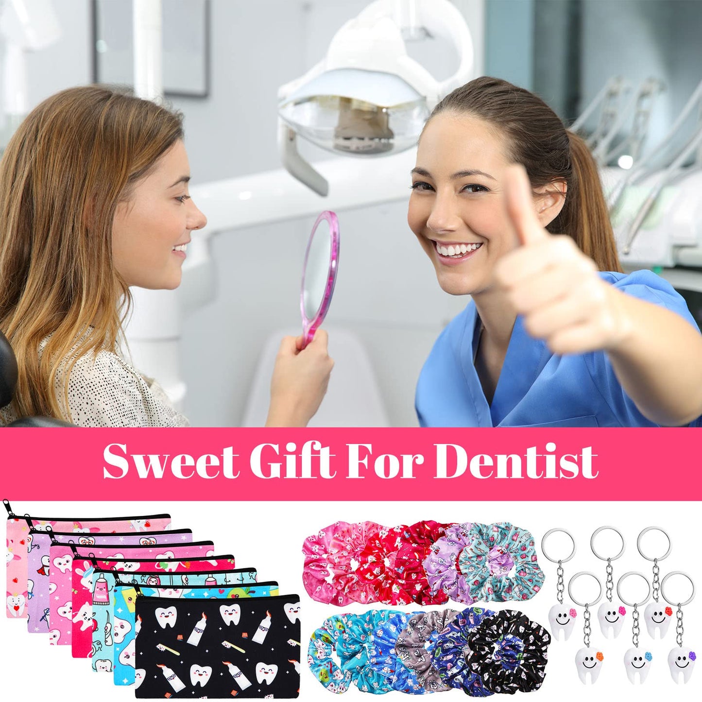 Potchen 36 Pcs Dental Hygienist Gifts - Makeup Bags, Hair Scrunchies, Tooth-Shaped Key Chains, Hair Holder for Women and Dental Assistants