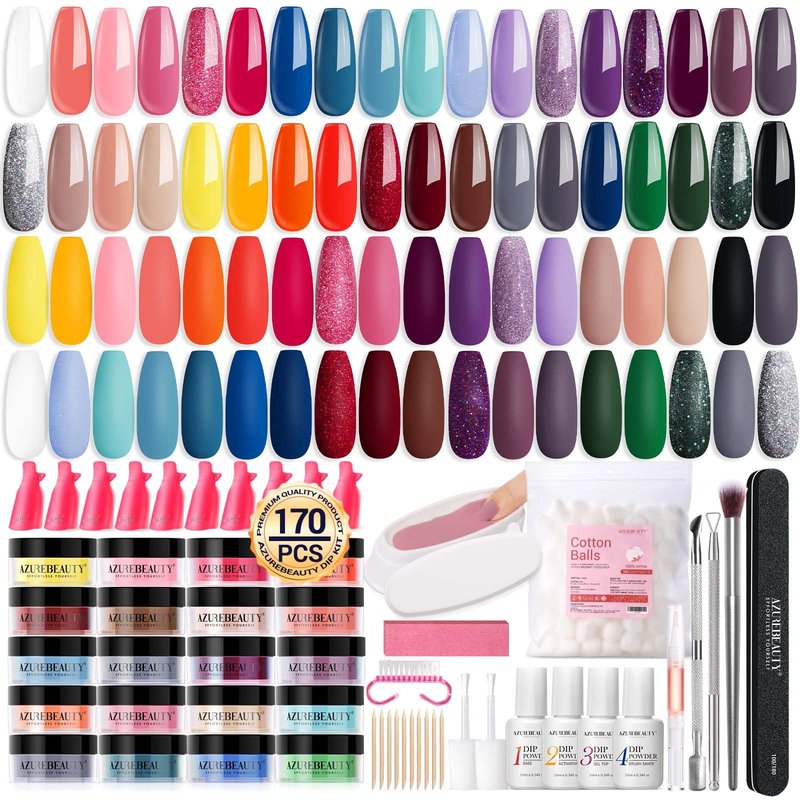 AZUREBEAUTY 170Pcs Dip Powder Nail Kit Starter 36 Colors Pink Red Purple Christmas Dipping Powder with Base/top Coat Activator Dip Liquid Set + Nail Removal Accessories Set for Gift
