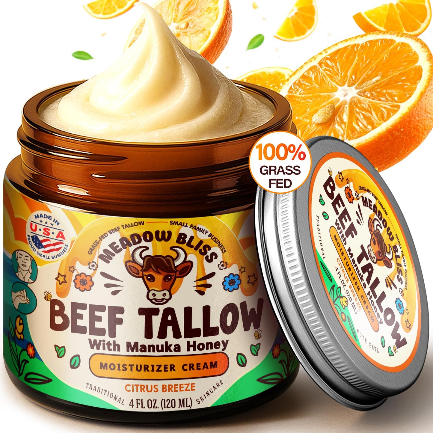 Meadow Bliss Beef Tallow for Skin - Moisturizer Cream - 100% Grass Fed - Whipped Beef Tallow - Manuka Honey - Organic Jojoba Oil, Shea Butter - Supports Eczema, Rosacea - USA - Citrus Breeze - 4 oz