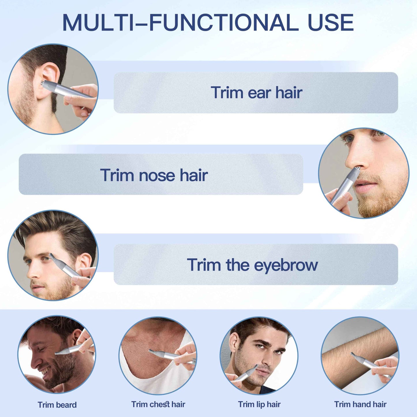 Nose Hair Trimmer for Women 3in1 Facial Hair Removal Trimmers- Rechargeable, Waterproof, Portable with Travel Bag- Trims Nose, Ear, Eyebrow, Peach-Fuzz, Lips, Chin Face Hair Remover (Silver Grey)