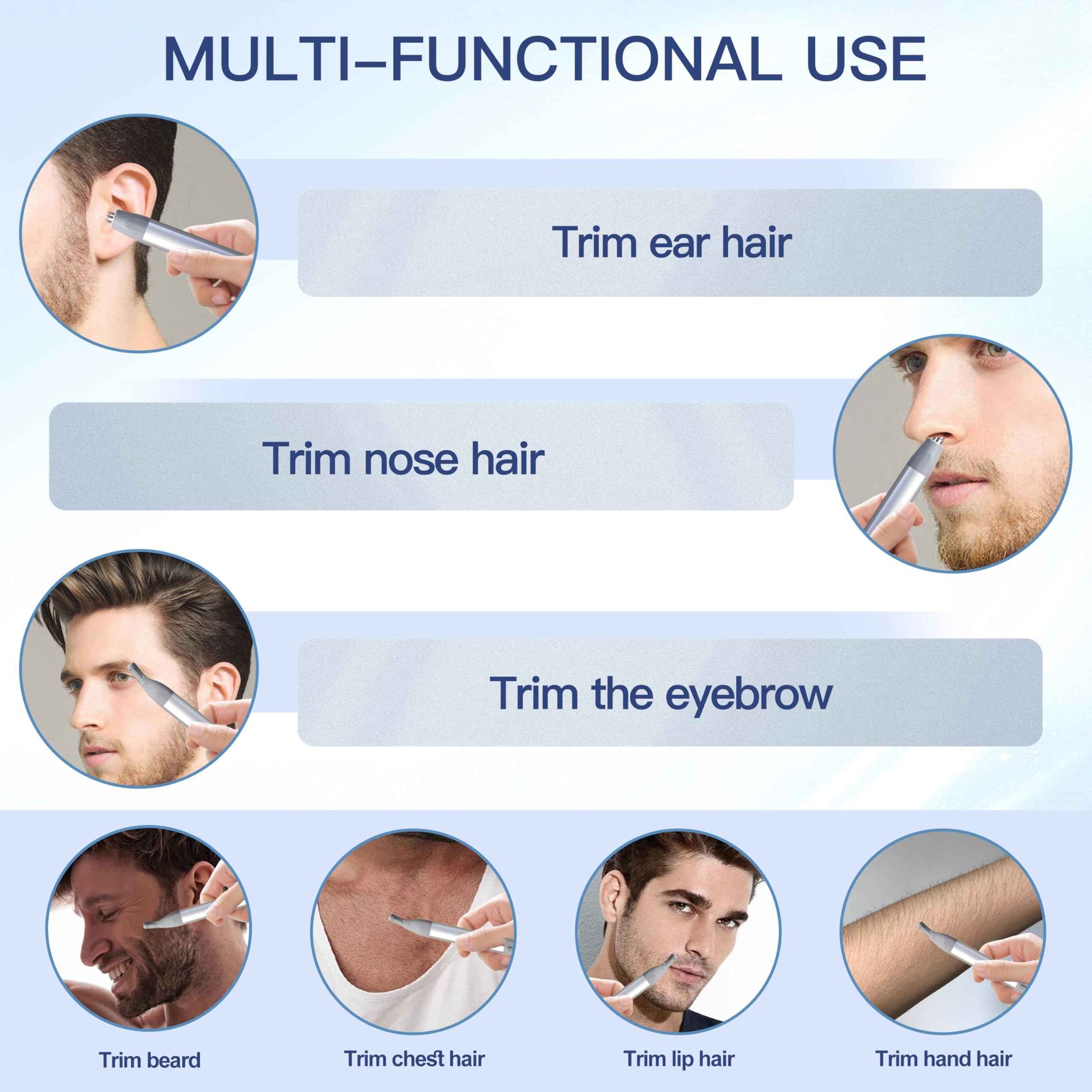 Nose Hair Trimmer for Women 3in1 Facial Hair Removal Trimmers- Rechargeable, Waterproof, Portable with Travel Bag- Trims Nose, Ear, Eyebrow, Peach-Fuzz, Lips, Chin Face Hair Remover (Silver Grey)