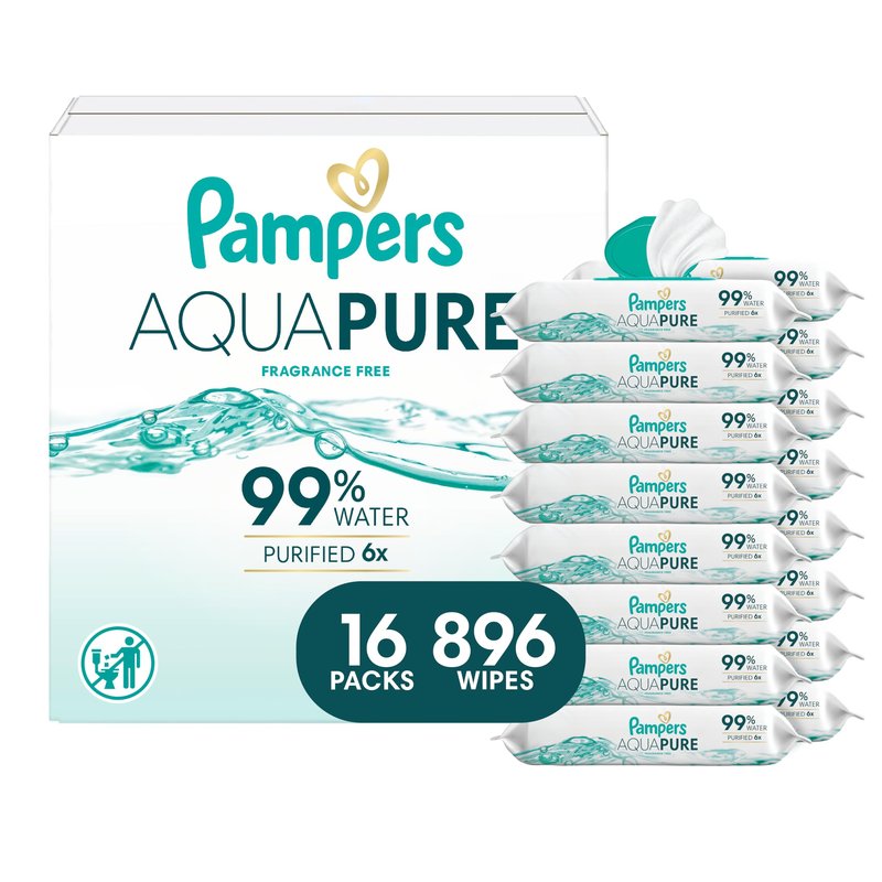 Pampers Aqua Pure Baby Wipes, 99% Water, Fragrance Free, Unscented, Water Based, Multi-Use, 896 Wipes Total (16X Flip-Top Packs) [Packaging May Vary]