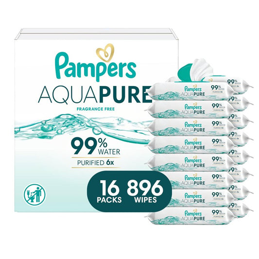 Pampers Aqua Pure Baby Wipes, 99% Water, Fragrance Free, Unscented, Water Based, Multi-Use, 896 Wipes Total (16X Flip-Top Packs) [Packaging May Vary]
