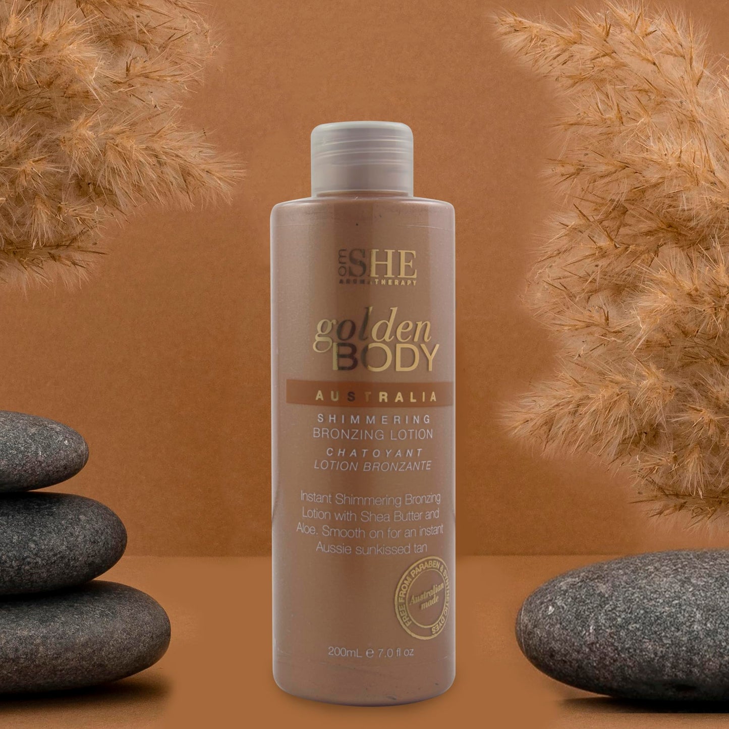 Om She Aromatherapy Golden Body Shimmering Bronzing Lotion 7.0fl oz - Self Tanning, Instant Tan Colour. Australian Made.
