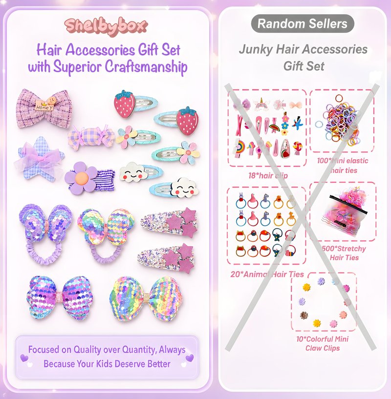 Hair Accessories for Girls Gift Set - Girl Hair Accessories Kit for Kids Ages 4-8, Purple Hair Clips, Barrettes, Ponytail Ties, Bows, Mirror & Unicorn Comb, Toddler Hair Set