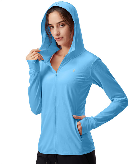Soothfeel Women's UPF 50+ Sun Protection Hoodie Jacket Lightweight Long Sleeve Sun Shirt for Women with Pocket Hiking Outdoor Blue XL