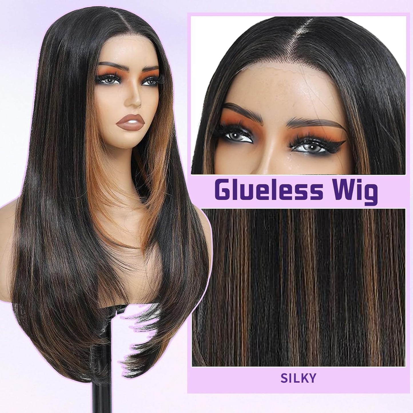 HD Synthetic Lace Front Wig for Black Women - 26-Inch Straight Layered Honey Blonde with Black Skunk Stripe
