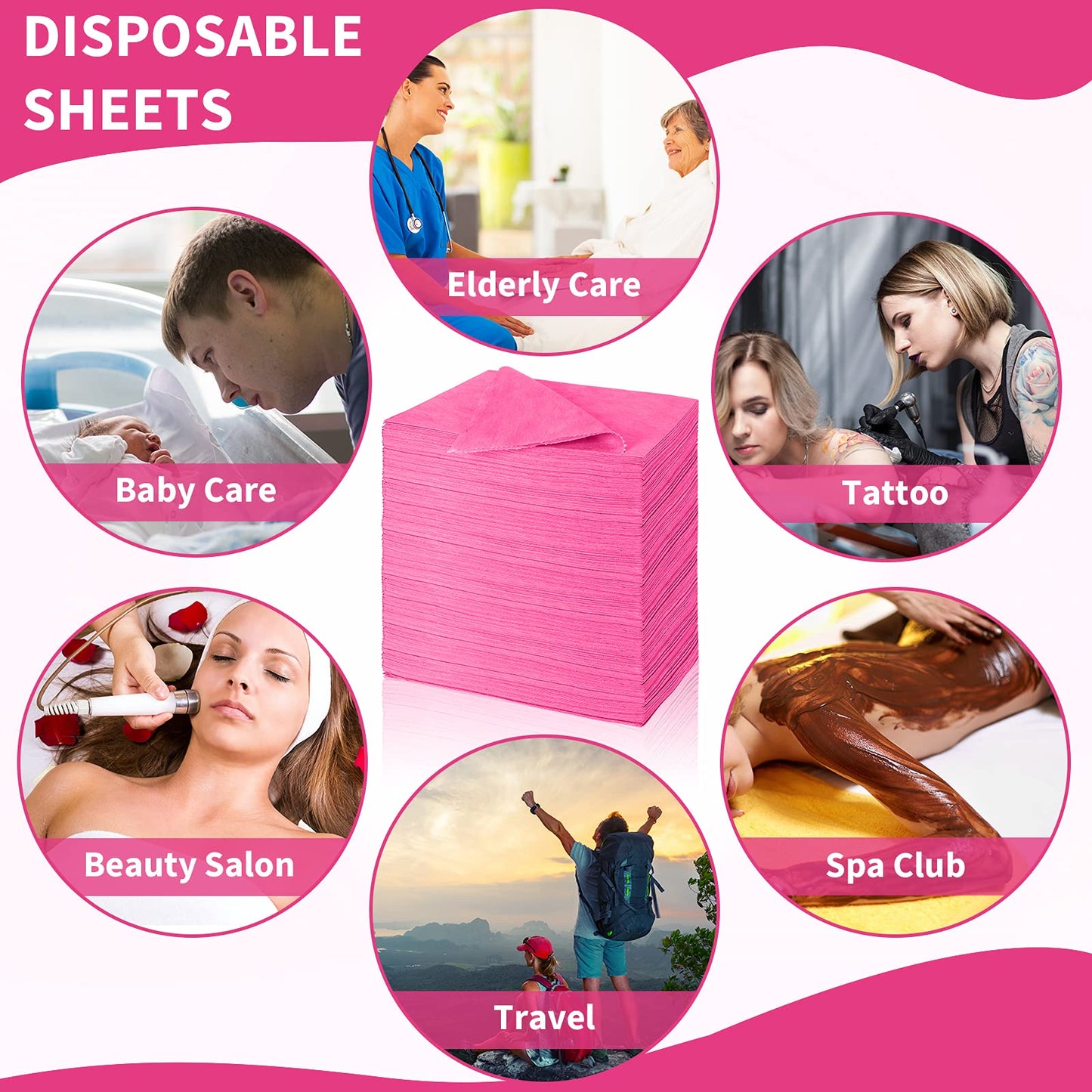 Breling 100 Pcs 31.5 x 71 Inch Disposable Bed Sheets Oil-proof PE Film Massage Table Sheets Non-woven Fabric Spa Waterproof Bed Cover Breathable for Beauty Salon Hotels Tattoo Waxing(Pink)