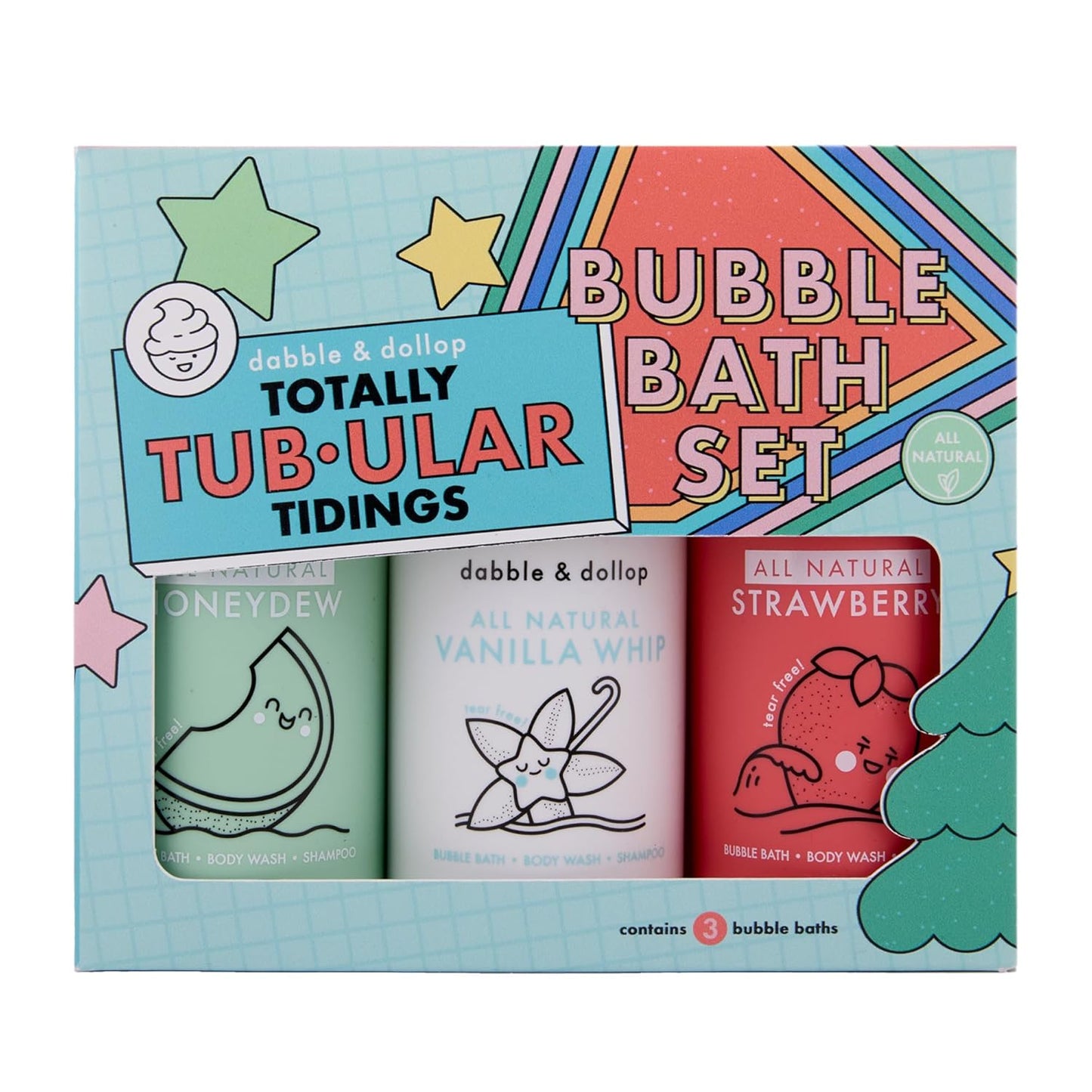 Totally Tub-ular Tidings Bubble Bath Set | 3-in-1 Mixable Bubble Bath, Body Wash & Shampoo - Strawberry, Honeydew & Vanilla