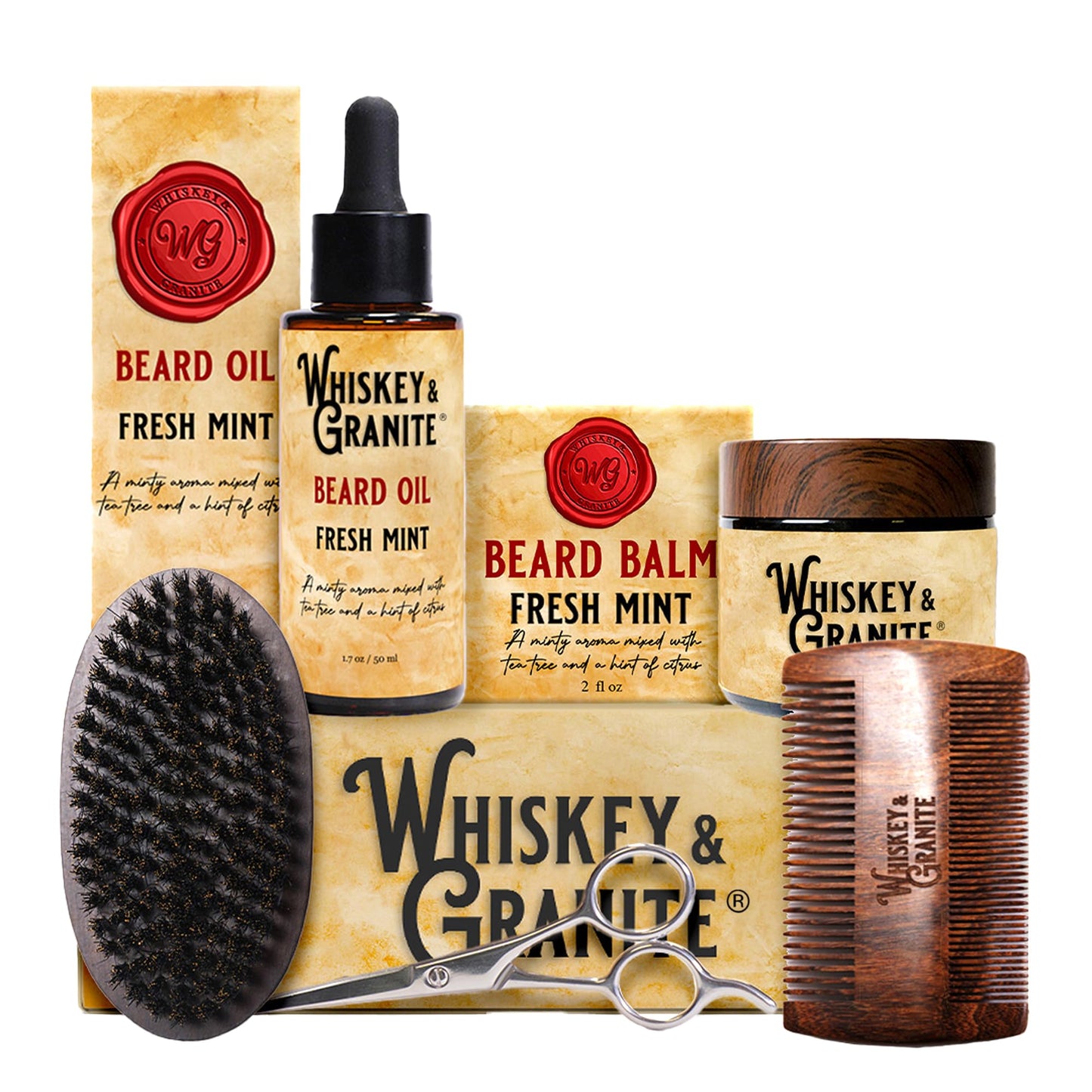 Whiskey & Granite Beard Kit for Men – 100% Natural Ingredients (Mountain Shine). Includes beard oil and balm, comb, brush, and scissors.