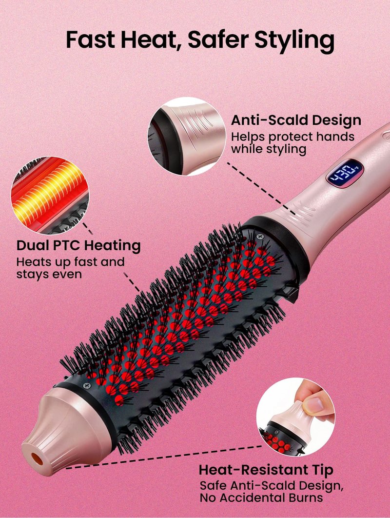 Infrared Thermal Brush 1.65”, 100M Negative Ions 2-in-1 Curling, Straightening & Smoothing Round Brush, 6 Heat Settings with LED Display, Lightweight Quiet, Dual Voltage, Auto Shut-Off, Pink Gift Box