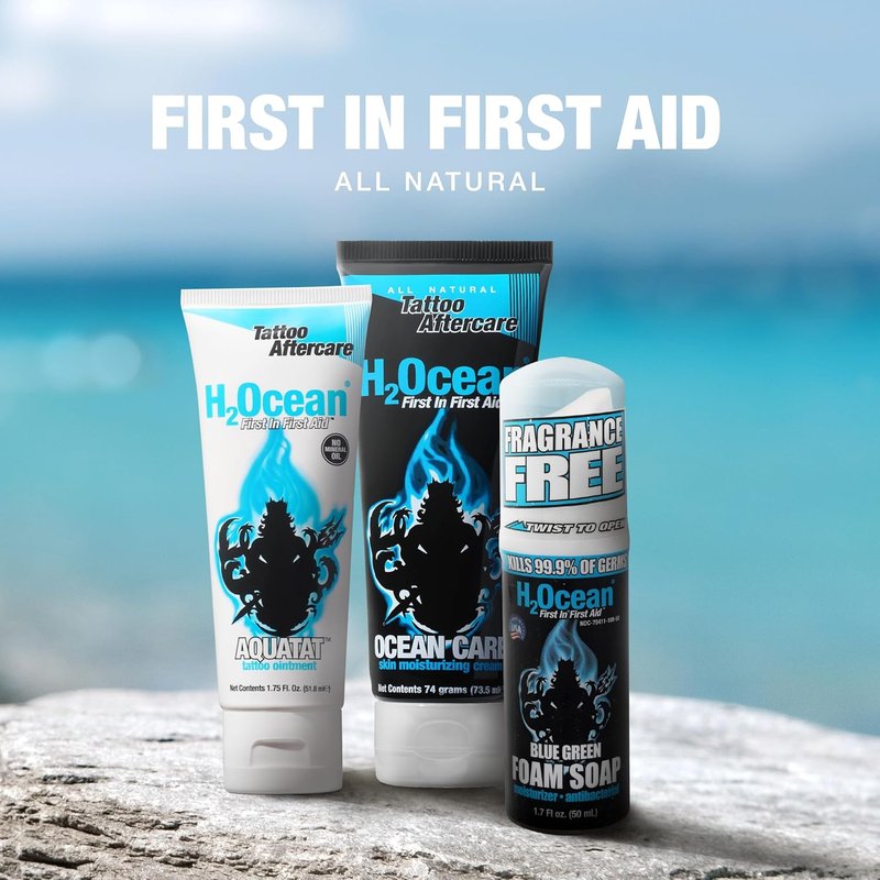 H2Ocean Extreme Tattoo Aftercare Kit | 3-Step Healing Set with Antibacterial Foam Soap, Moisturizing Cream & Ointment - Sea Mineral Enriched Formula for Vibrant Tattoos