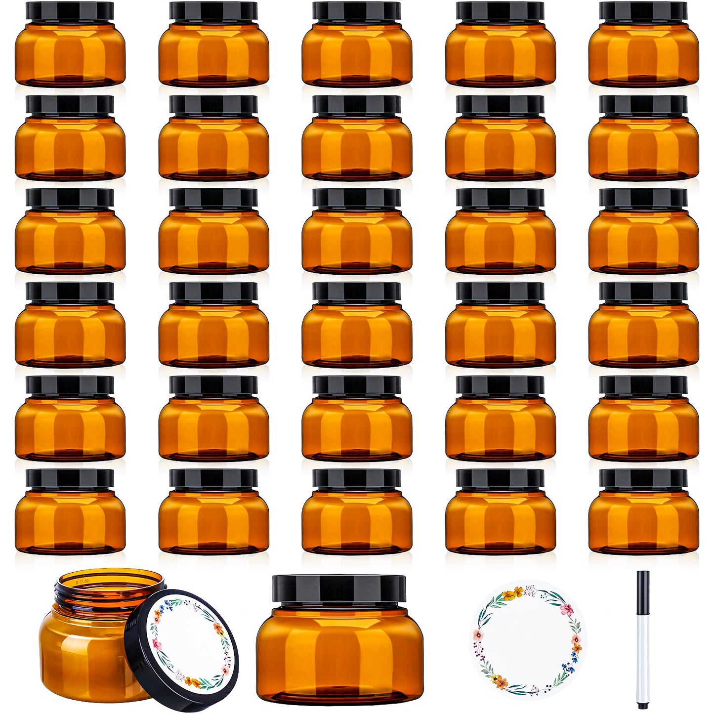 Hoemwarm 32 Pack 8 oz Plastic Sugar Scrub Containers with Lids, Body Butter Jars Amber Empty Refillable Round Cosmetic Containers for Creams,Lotions,Candy,Bath Salt,Gel