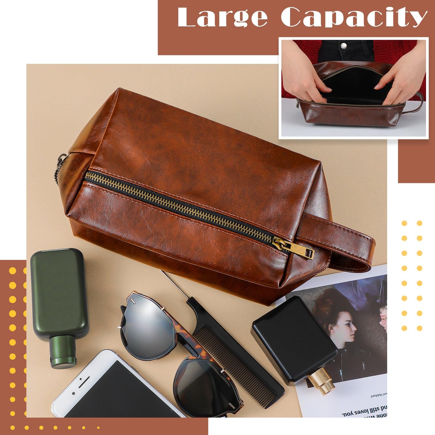 Hillban 6 Pcs Groomsmen Gift Men Travel Toiletry Bag, Bestmen Gifts Set, Leather Toiletry Bag with Side Handle Water Resistant Bathroom Supplies for Wedding Party Favor(Dark Brown)