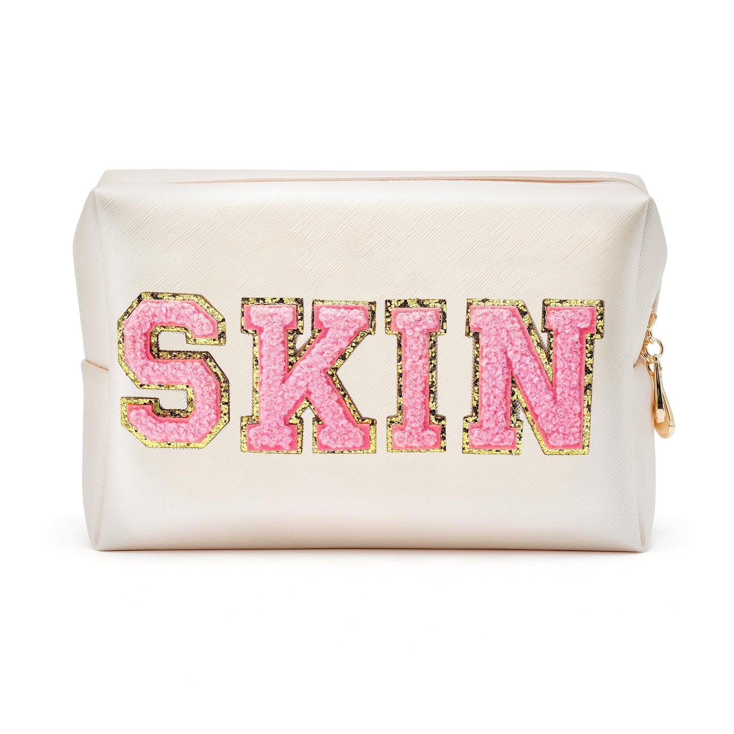 Y1tvei 4Pcs Preppy Patch Varsity Letter Makeup Bag Sewn with White Skin Hair Face Stuff Chenille Letter Cosmetic Toiletry Bag PU Leather Waterproof Portable Zipper Purse Travel Organizer E1