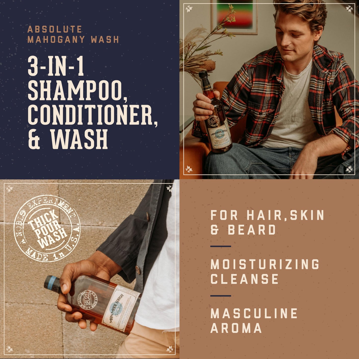 18.21 Man Made 3-in-1 Body Wash, Shampoo, & Conditioner for Men, All Hair & Skin Types, Strengthens and Moisturizes in a Manly Aroma 18oz