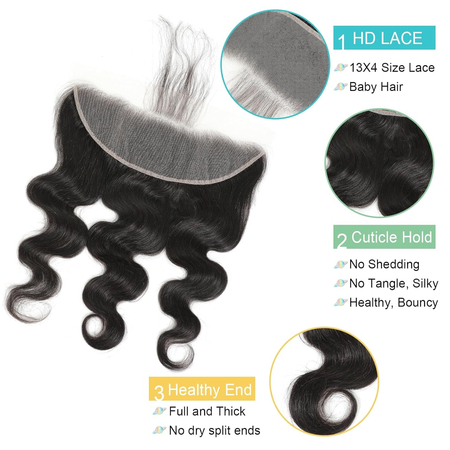 13 x 4 Lace Frontal Closure - Body Wave HD Transparent Lace Front With Bangs | 100% Remy Human Hair, 150% Density, Natural Color, 18 Inch