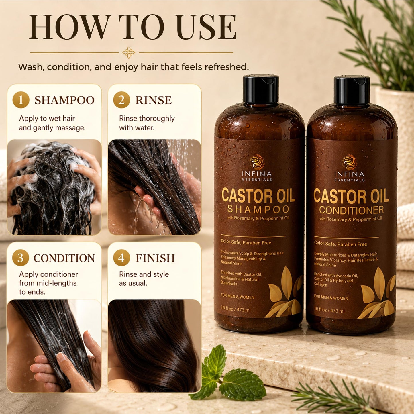 Castor Oil Shampoo and Conditioner Set for Hair Growth with Rosemary & Peppermint Oil - Cleanse Hair, Strengthen & Shine with Castor Shampoo and Conditioner - Anti-Hair Loss for Men & Women - 16 fl oz