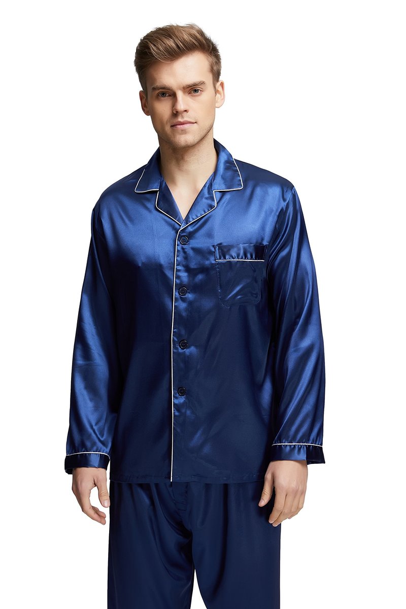 TONY & CANDICE Men's Classic Satin Pajama Set Sleepwear (Large, Blue with White Piping)