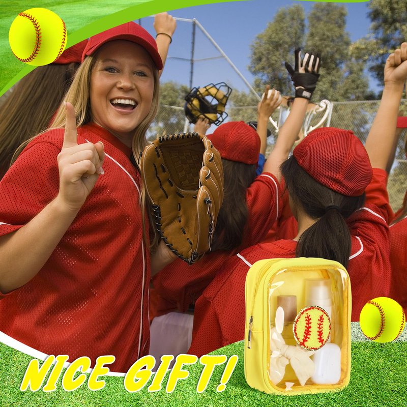 Reginary 12 Pcs Softball Party Favors Clear Softball Makeup Bag with Chenille Patch Portable Cosmetic Bag for Team Gifts Waterproof Travel Size