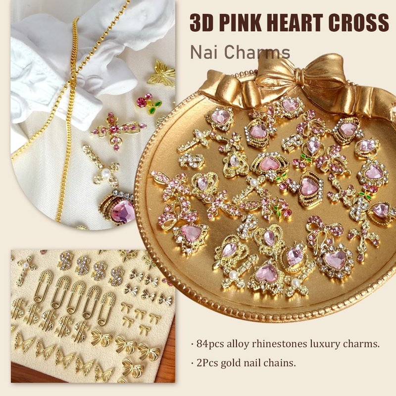 86Pcs Pink Cross Nail Charms 3D Gold Nail Charms Y2k Cute Pink Heart Cherry Bows Crown Acrylic Nail Art Rhinestones Crafting Luxury Nail Jewelry Gems Fake Money Gold Chains for Nails (Gold, Pink)