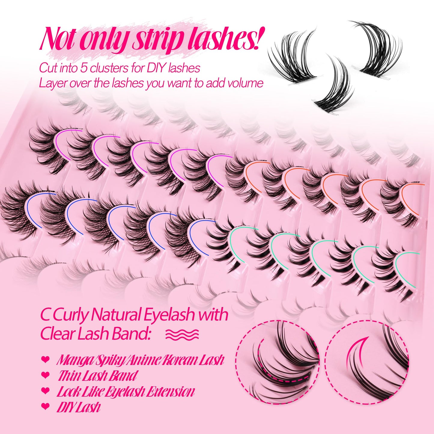 Manga Lashes Natural Look Anime False Eyelashes 20 Pairs Clear Band Individual Wispy Fake Eyelashes Strip Spiky DIY Cluster Lashes Extension C-curly Cat Eye Lashes Pack