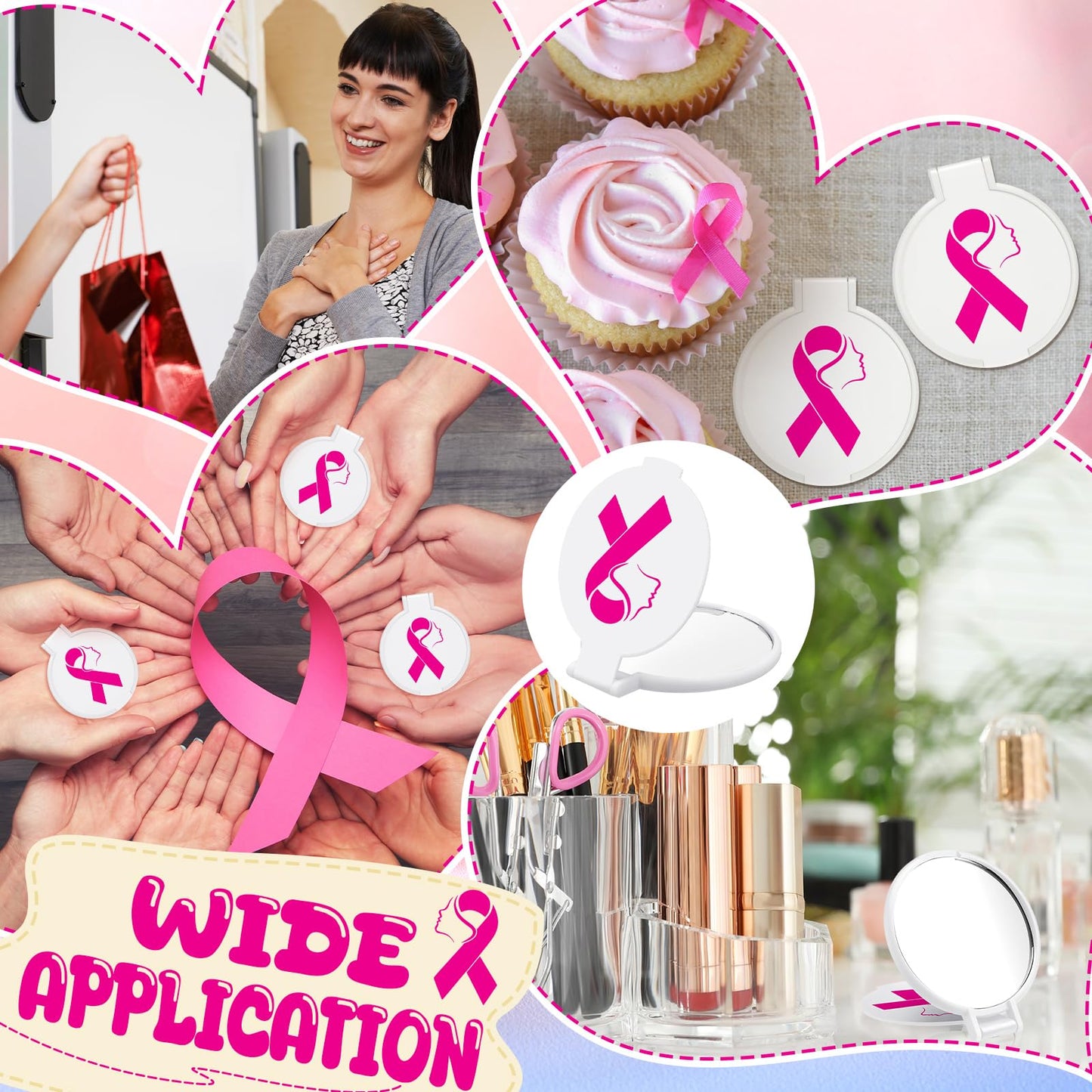 Huwena 100 Pcs Breast Cancer Awareness Accessories Gift Bulk White Pink Ribbon Breast Cancer Compact Mirror for Women Small Pocket Purse Round Portable Folding Makeup Mirror
