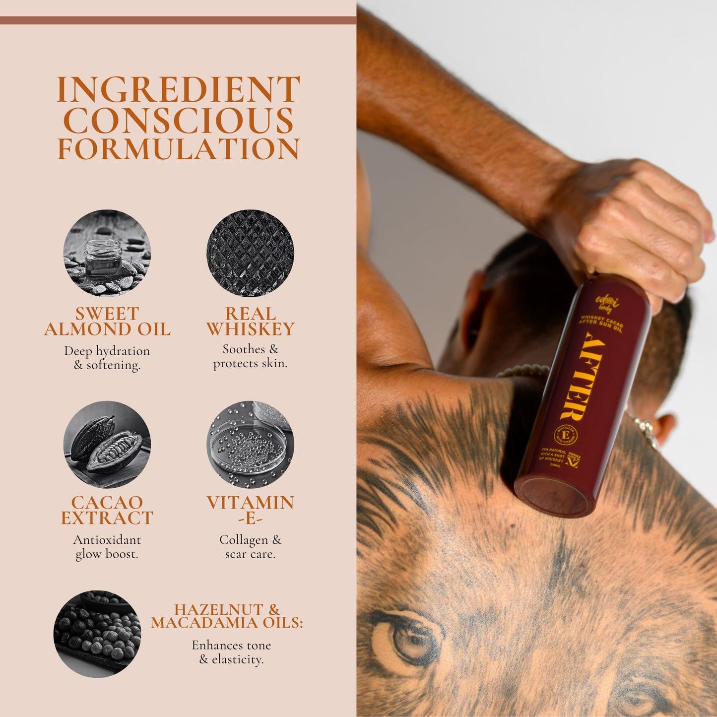 ed&i AFTER Whiskey Cacao Body Oil with Vitamin E, Hydrating and Nourishing for Dry Skin, Moisturizing After Shower Body Oil for Women, Non-Greasy Glow, 5.07 oz