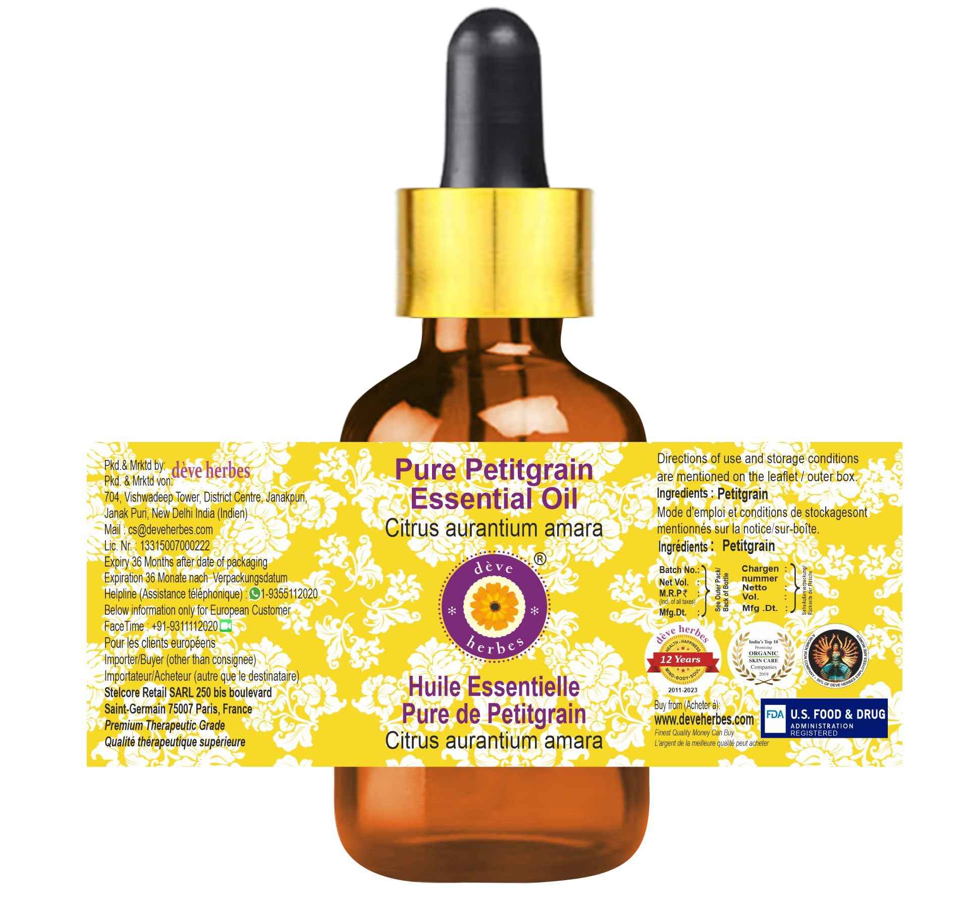 dève herbes Petitgrain Essential Oil (Citrus aurantium Amara) with Glass Dropper | Pure | Non-Sticky | Non-Greasy | Lightweight | Men & Women | All Skin Types | Steam Distilled 100ml (3.38 oz)