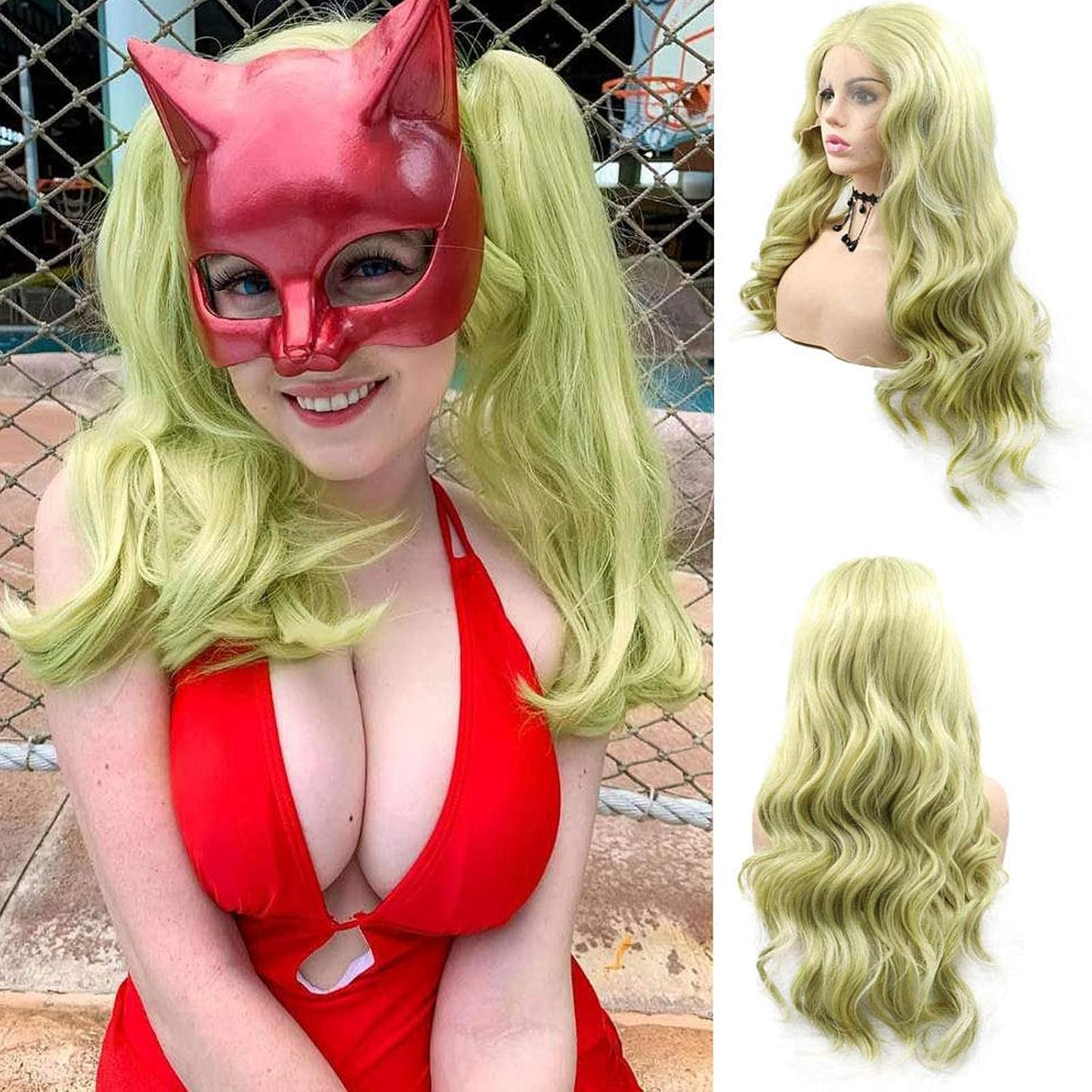 Yellow Green Lace Front Wig for Women - Long Wavy Synthetic Hair | Realistic Glueless 24-Inch Cosplay Style