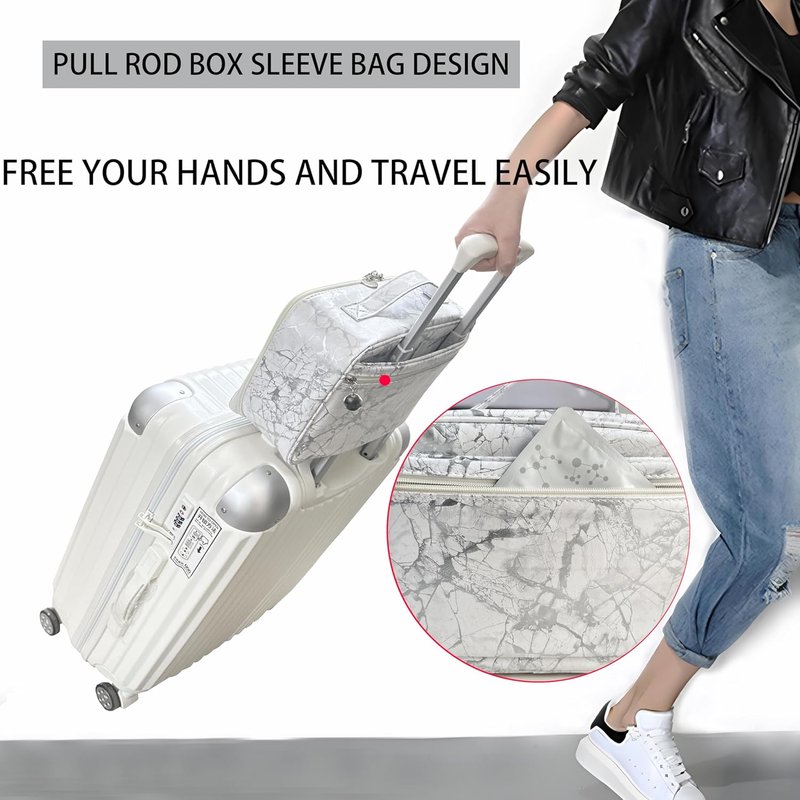 Multifunctional Travel Makeup Bag - Waterproof Cosmetic Organizer with Removable Dividers & Brush Holder | Large Capacity Toiletry Pouch for Women (White Marble)