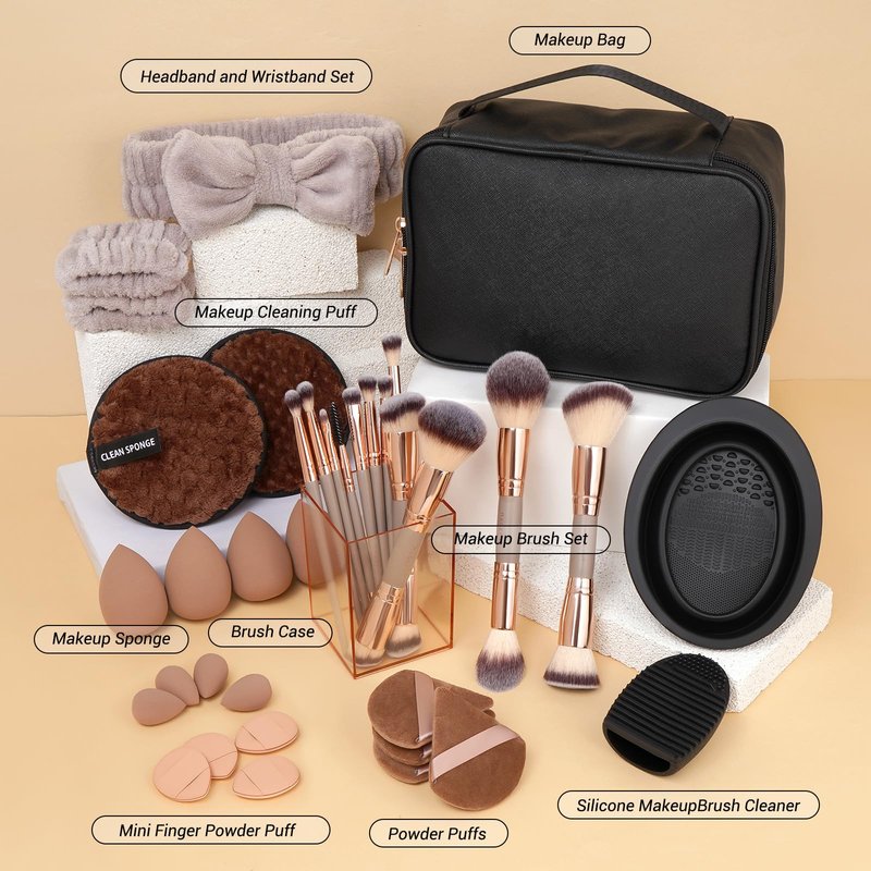 MAGEFY Makeup Brushes 37 Pcs Makeup Kit, Multi-functional Makeup Tool Set with Double-End Powder Blush Eyeshadows Brush Make up Brushes Set Bag,Champagne