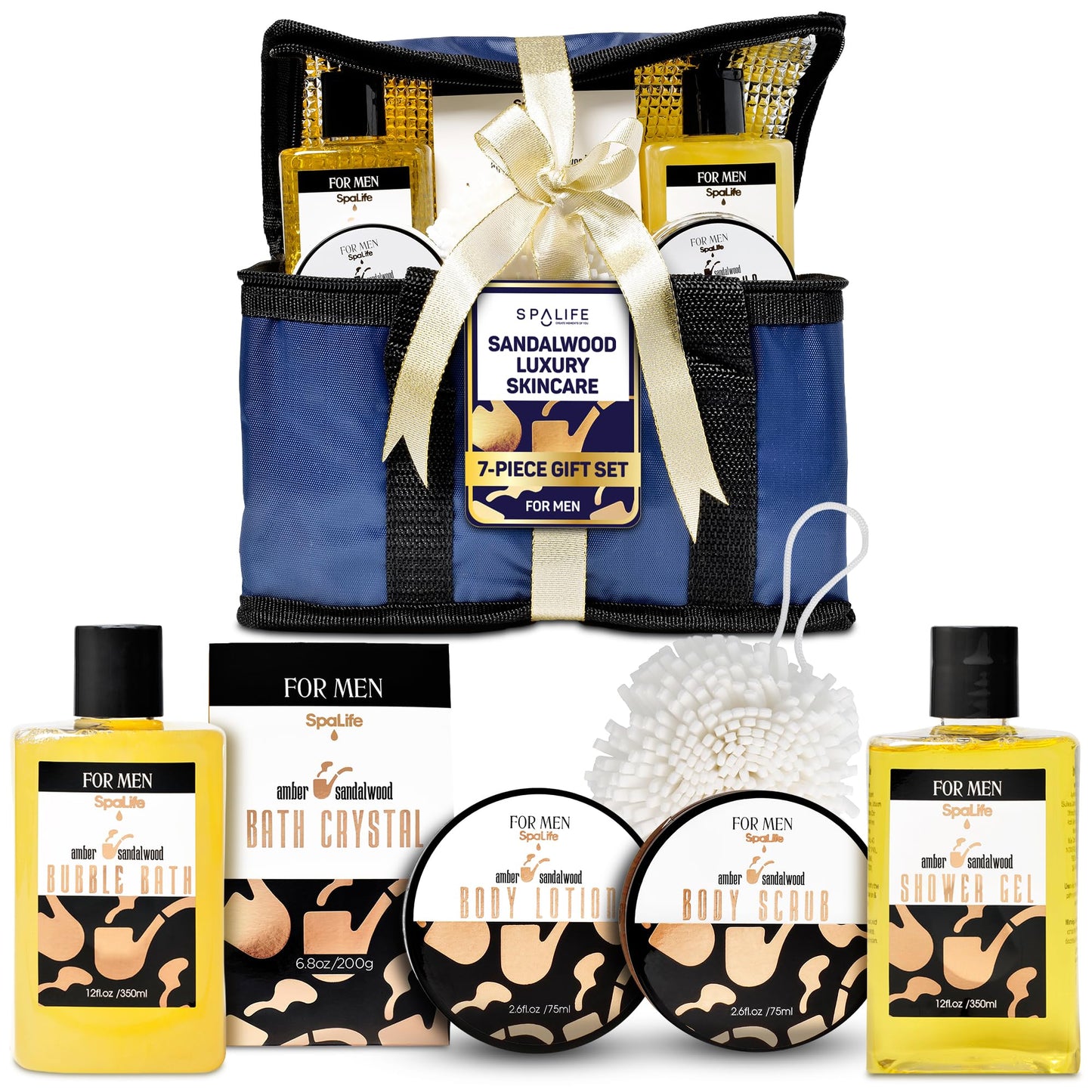 SpaLife Luxury Spa Skincare Sandalwood Gift Set for Men | Mens Body Wash Gifts | Mens Gift Set for Bath and Body | Gifts for Men | Cleansing, Moisturizing, Exfoliating | 7-Piece Bundle