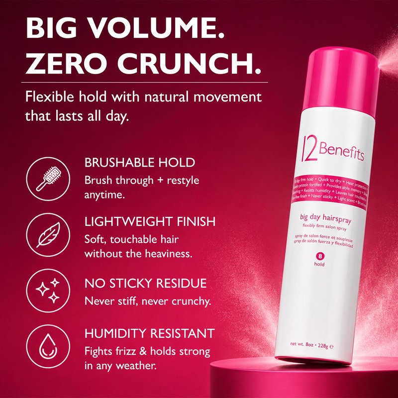 12 Benefits Flexible Hold Hairspray – Brushable, Buildable Volume Spray, Lightweight No Crunch Finish, Humidity Resistant Long Lasting Hair Spray for Natural Movement