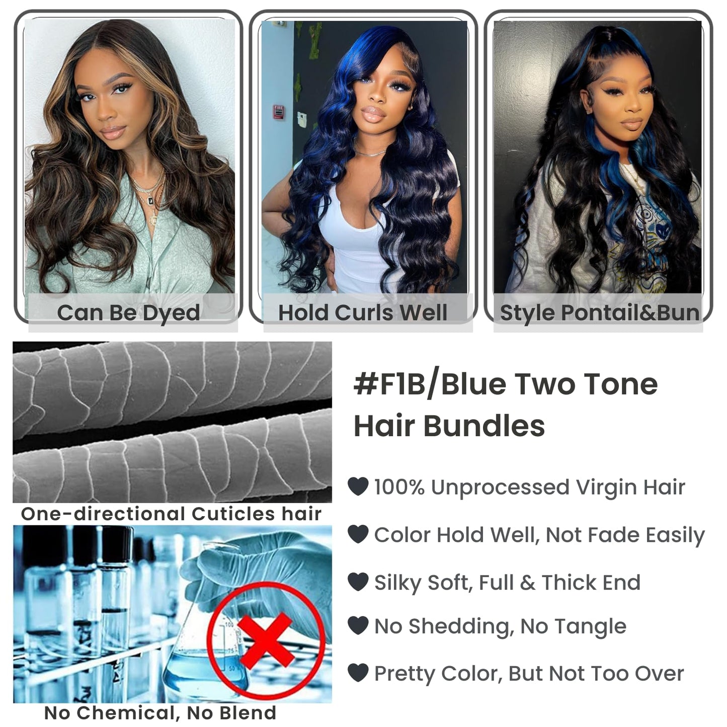 ALHER Black Mix Blue Highlight Body Wave Long Deep Part 2x6 Lace Closure, #1B/Blue Colored 2x6 Kim K Lace Closure Pre Plucked with Baby Hair, 12A 100% Brazilian Virgin Remy Human Hair 14 Inch