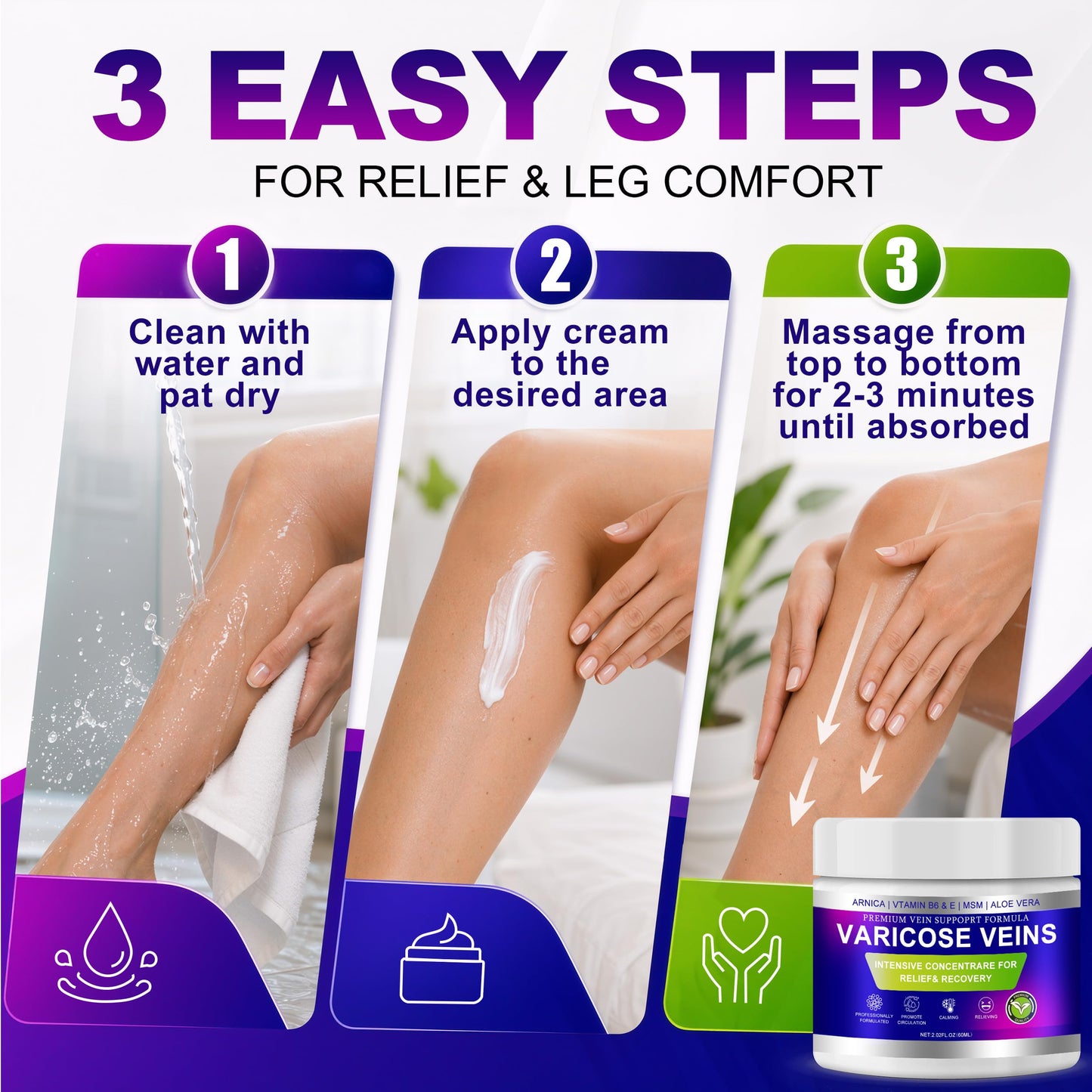 Varicose Veins Cream for Legs, Vein Cream for Spider Veins Appearance, Arnica Leg Cream with Aloe Vera, Non-Sticky Moisturizer for Tired Heavy Legs, Refreshing Daily Leg Care, （3 Pack, Blue)