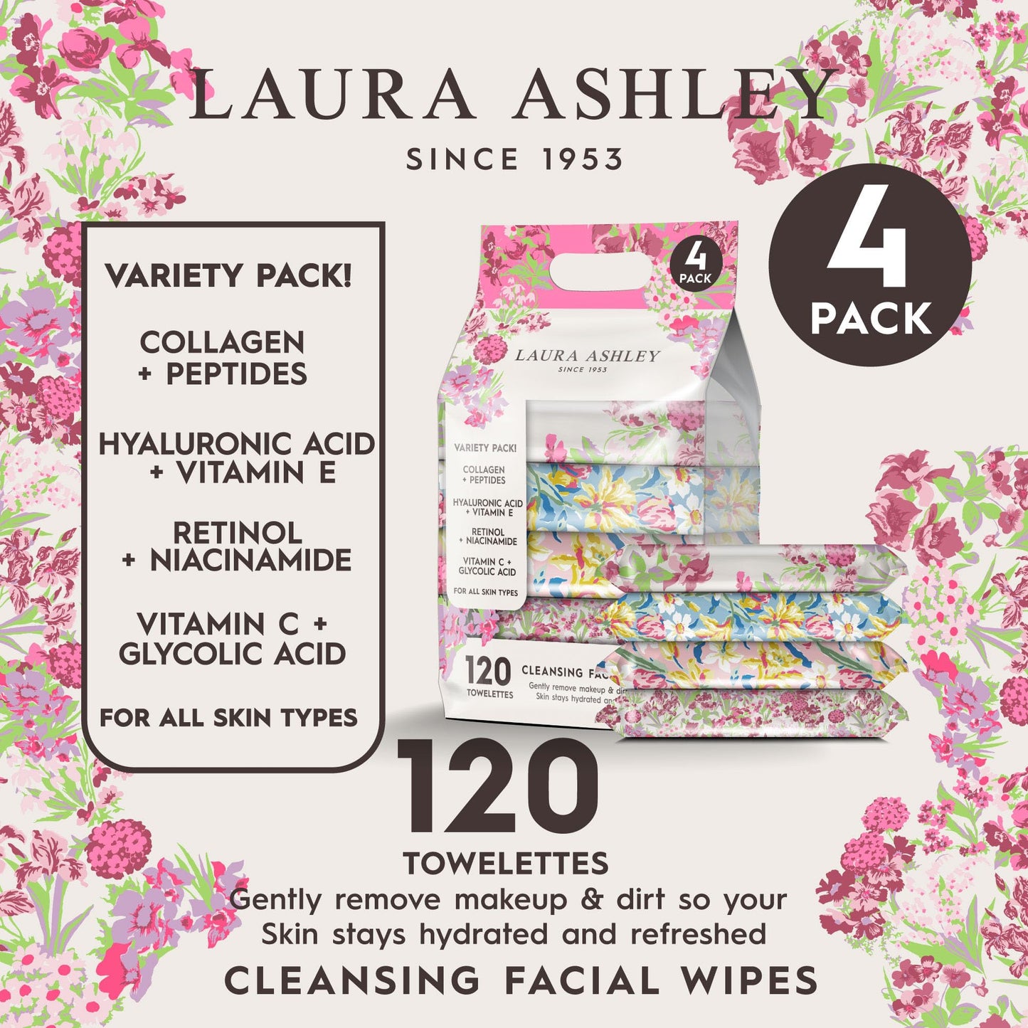 Laura Ashley 4 Pack Face Wipes for Women - Cleansing Makeup Remover Wipes with Vitamin C, Retinol, Hyaluronic Acid - 120 Pcs