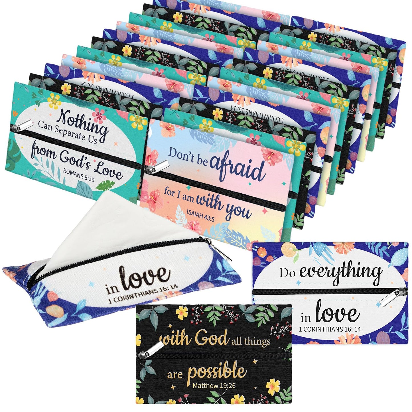 Zhanmai 20 Pcs Christian Inspirational Bible Verse Floral Tissue Holders Bulk Reusable Travel Pouch Church Mothers Day Gifts for Women Christian Employee Appreciation Gifts Bulk Secretary's Day