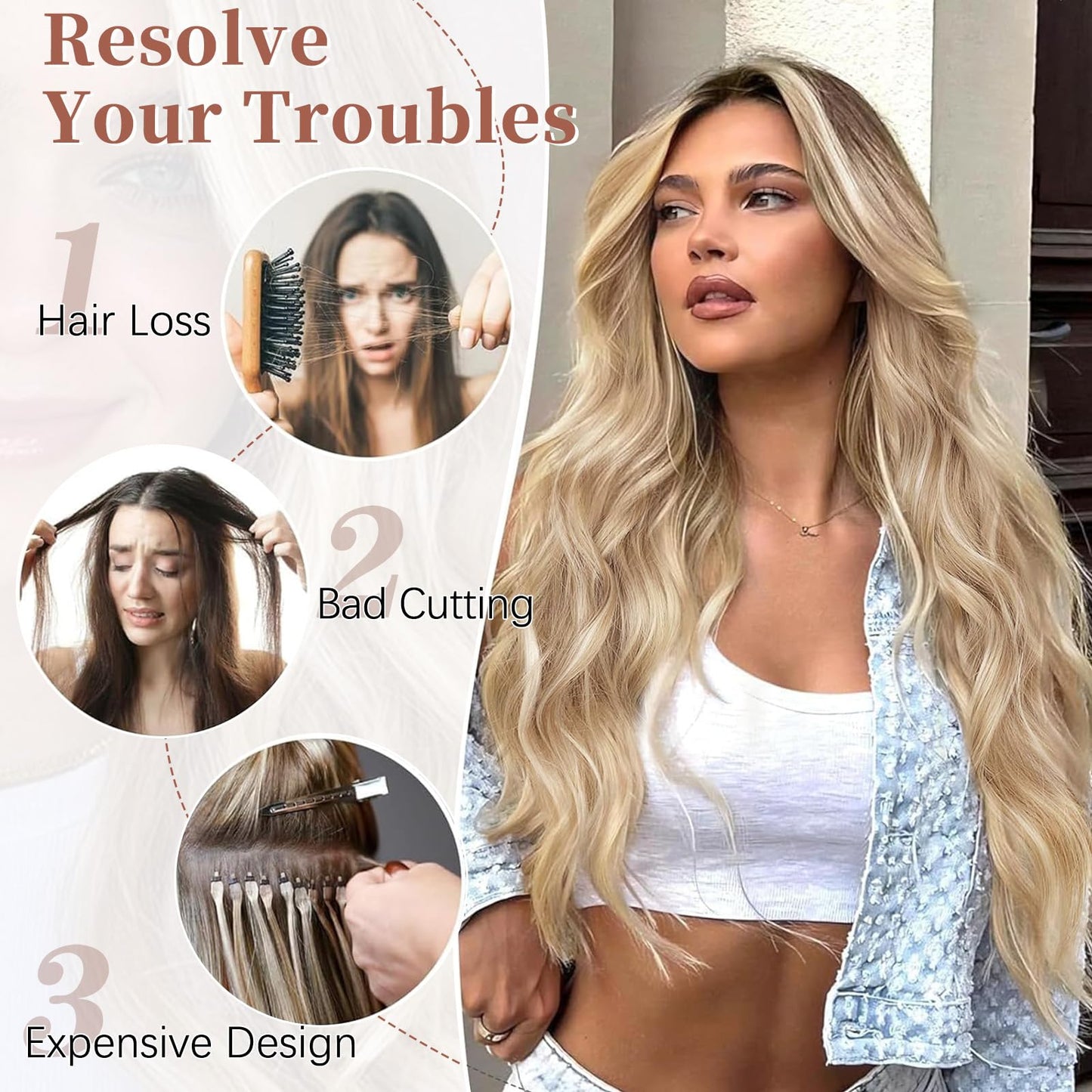 XIXIBI Long Blonde Wigs for Women, Beach Blond Highlight Wavy Curly Middle Part Wigs with Dark Roots, Synthetic Heat Resistant Natural Hair Wig for Daily Party