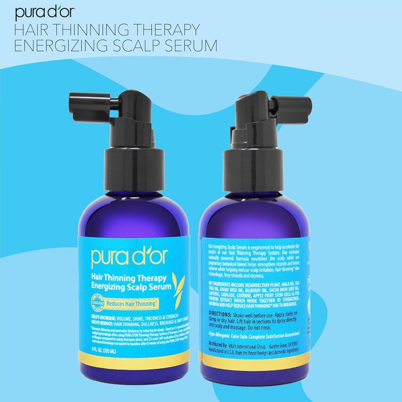 PURA D'OR Hair Thinning Therapy Serum - Energizing Scalp Treatment with Biotin & Caffeine | 4oz for All Hair Types