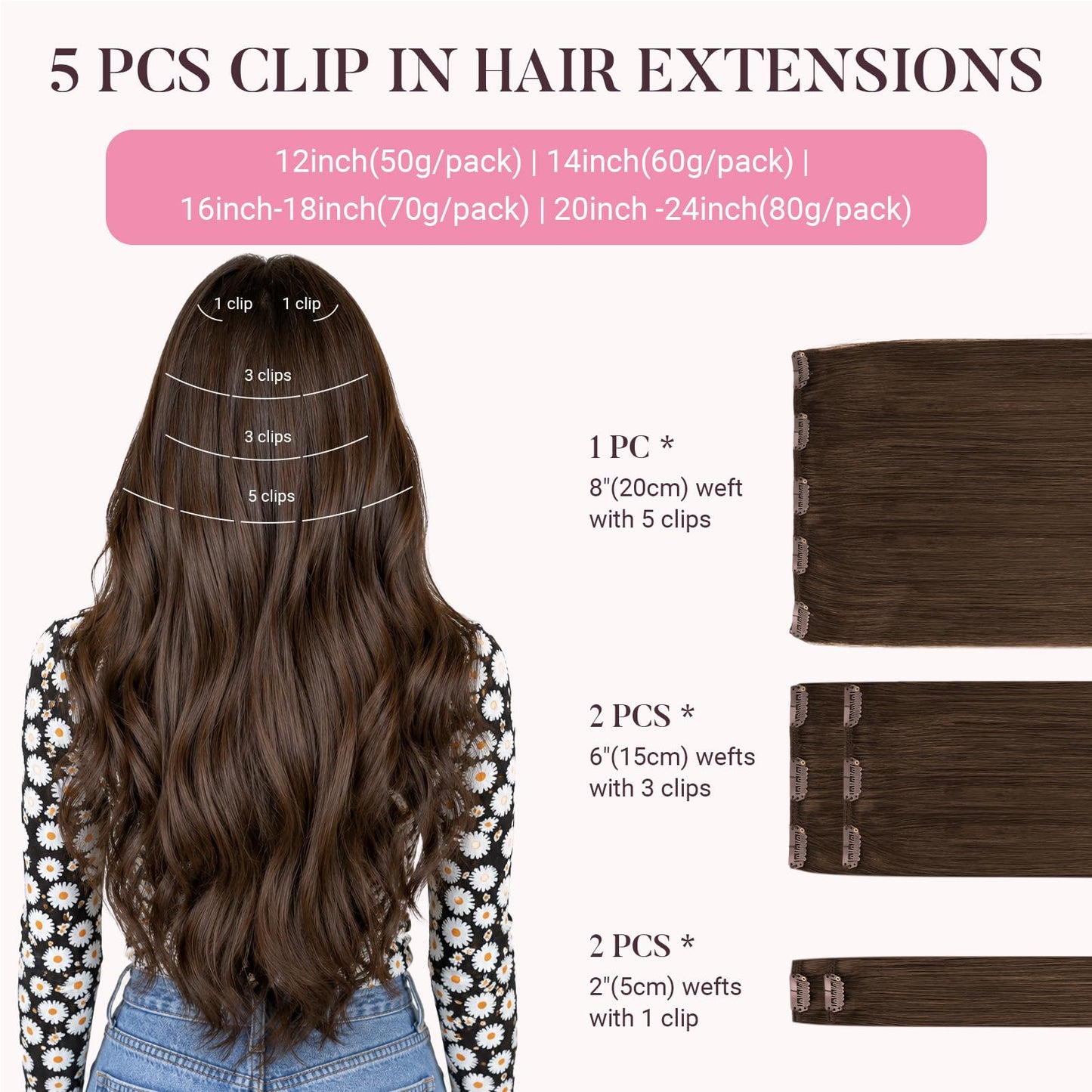 MAXITA Clip in Hair Extensions Real Human Hair,Remy Hair Extensions Clip ins Double Weft for Women,Natural Real Human Hair,16Inch 70g 5Pcs,Chocolate Brown