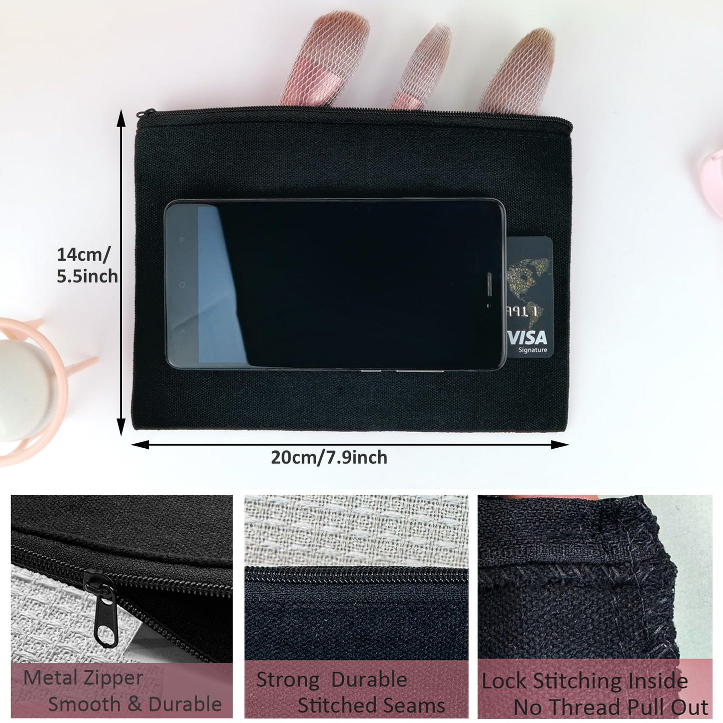 Koolmox Canvas Pouch with Zipper Bulk, 40 pcs 7.9x5.5'' Cosmetic Bag Multipurpose Makeup Pouches with Zipper Canvas Bag Large Travel Toiletry Pouch DIY Craft Purse, Black Bags Black Zip