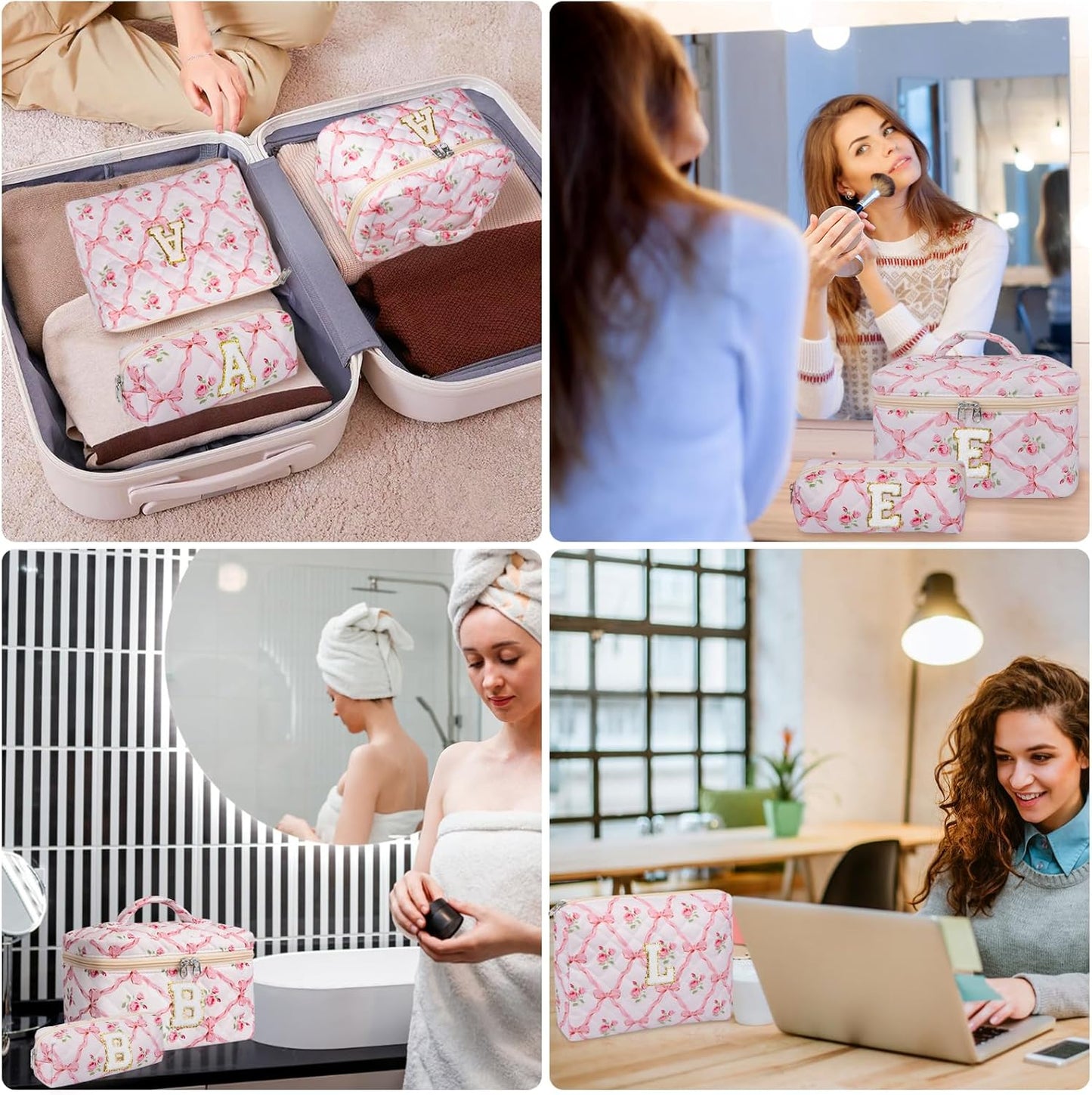 Personalized Initial Makeup Bag Set - Large Floral Quilted Cosmetic Bag for Women | Cute Cotton Travel Toiletry Bag