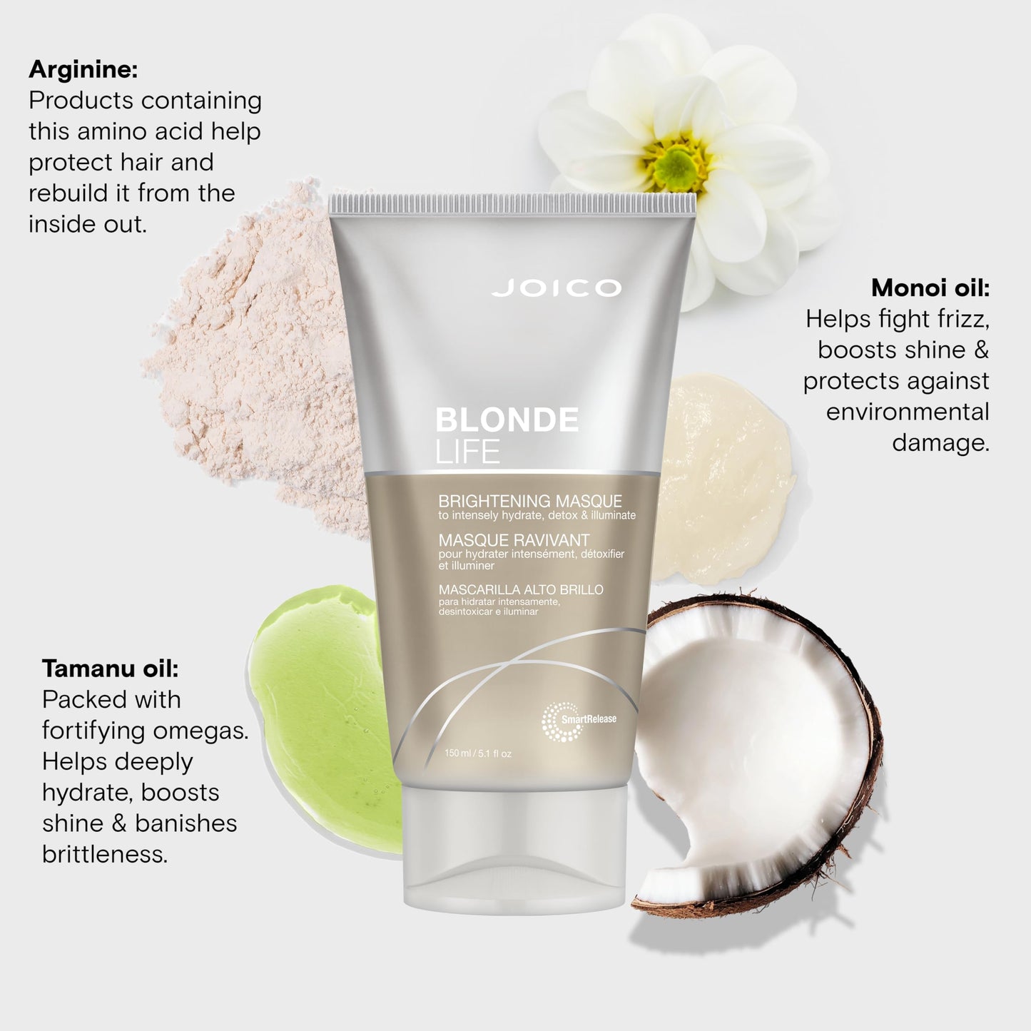 Joico Blonde Life Brightening Masque | For Blonde Hair | Instant Hydration | Neutralize Chlorine & Detoxify Hair | Add Softness & Smoothness | Sulfate Free | With Monoi & Tamanu Oil | 5.1 Fl Oz