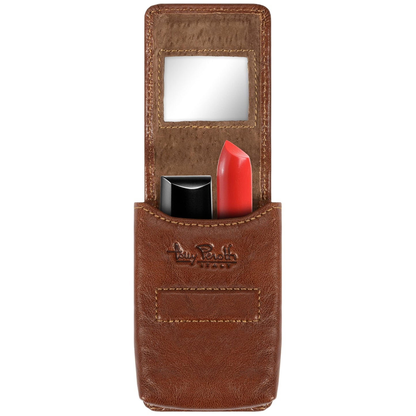 Tony Perotti Womens Italian Bull Leather Top Flap Double Lipstick Case with Mirror in Cognac